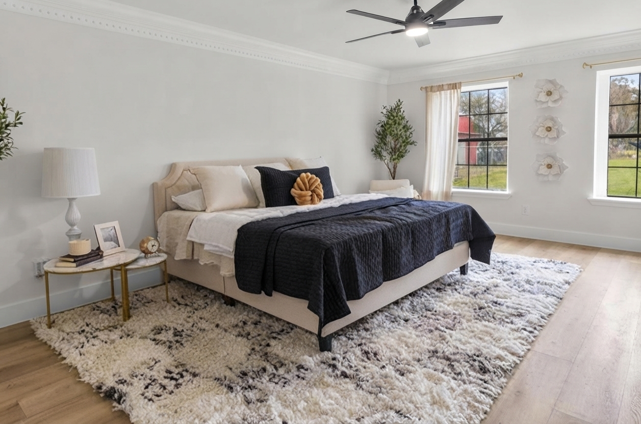 Staged bedroom with a neutral bedspread