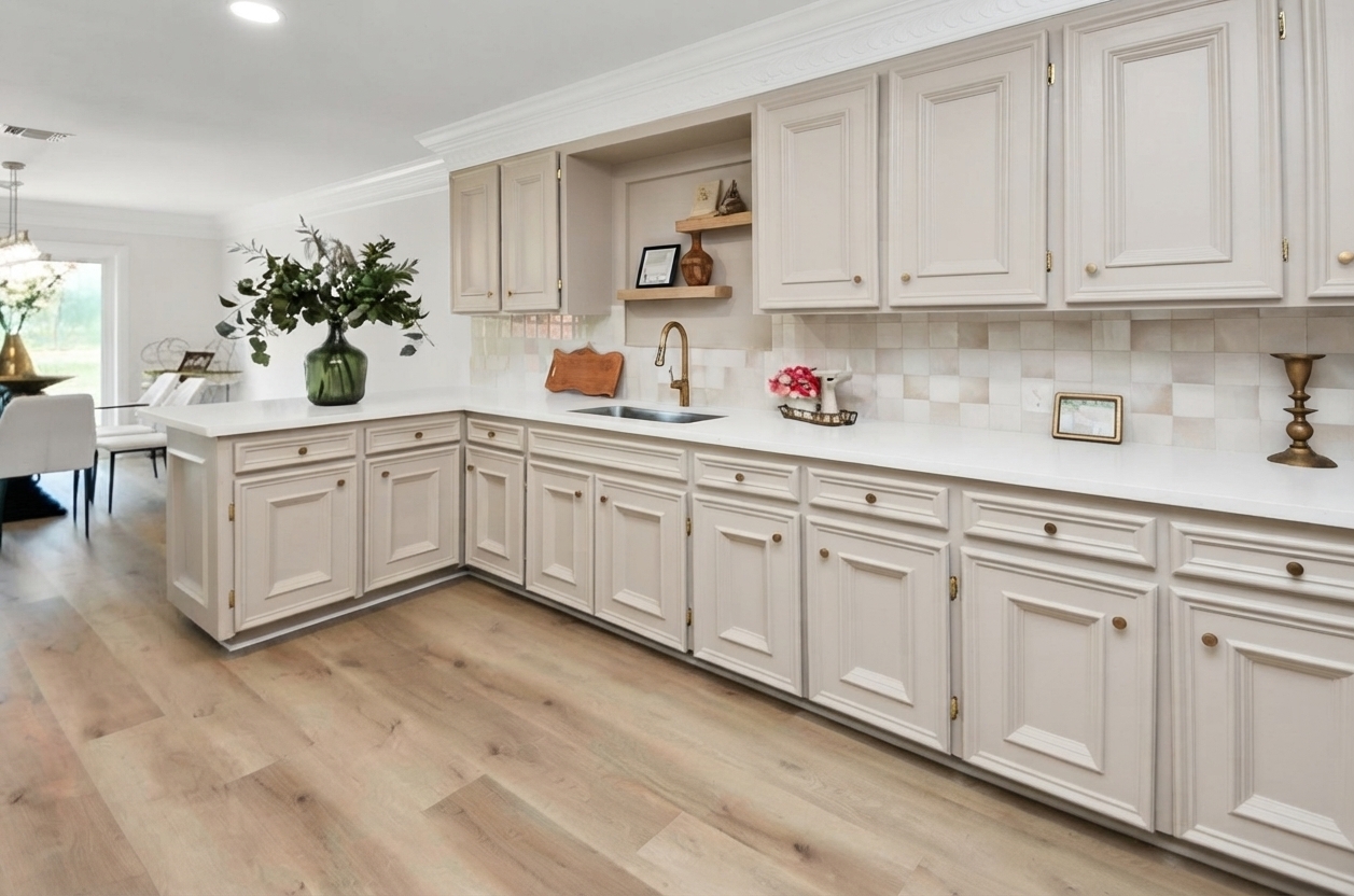 Kitchen with light cabinets and wood-look floors