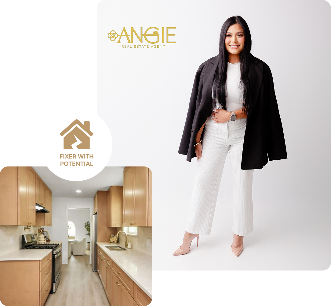 Angie Aguilar beside a kitchen photo and a Homes with Potential badge