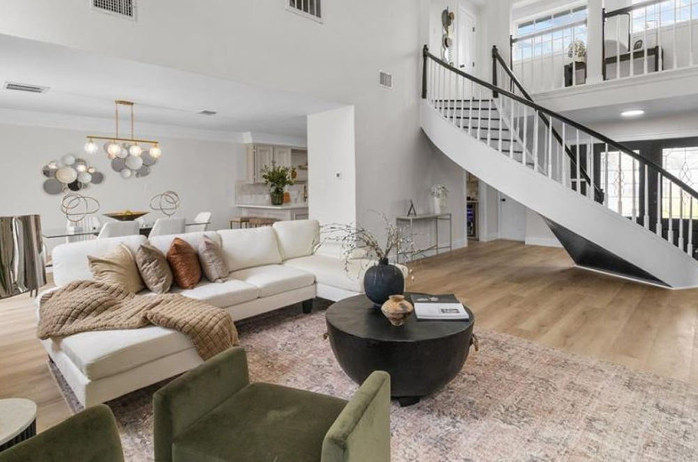 Living room with a spiral staircase